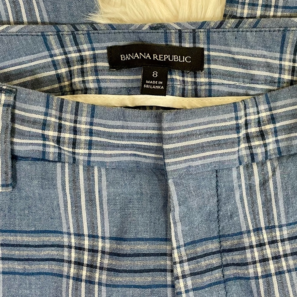 Banana Republic Linen blend Wide-leg Crop Pants Blue Plaid, EUC - Picture 4 of 11